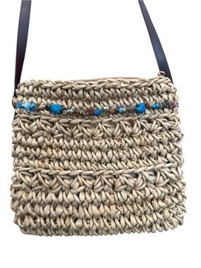 Beaded‎ Natural Straw Shoulder Bag with Turquoise Accents